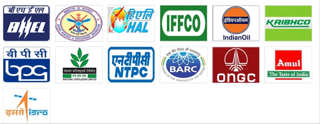 Logos of client organisations including BHEL, DRDO, HAL, IFFCO, IndianOil, KRIBHCO, BPCL, NFL, NTPC, BARC, ONGC, Amul and ISRO